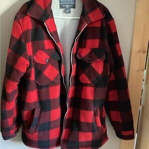 MAXXSEL Adult Plaid Jacket Red Black Sherpa Lined Full Zip Button Accents Size L